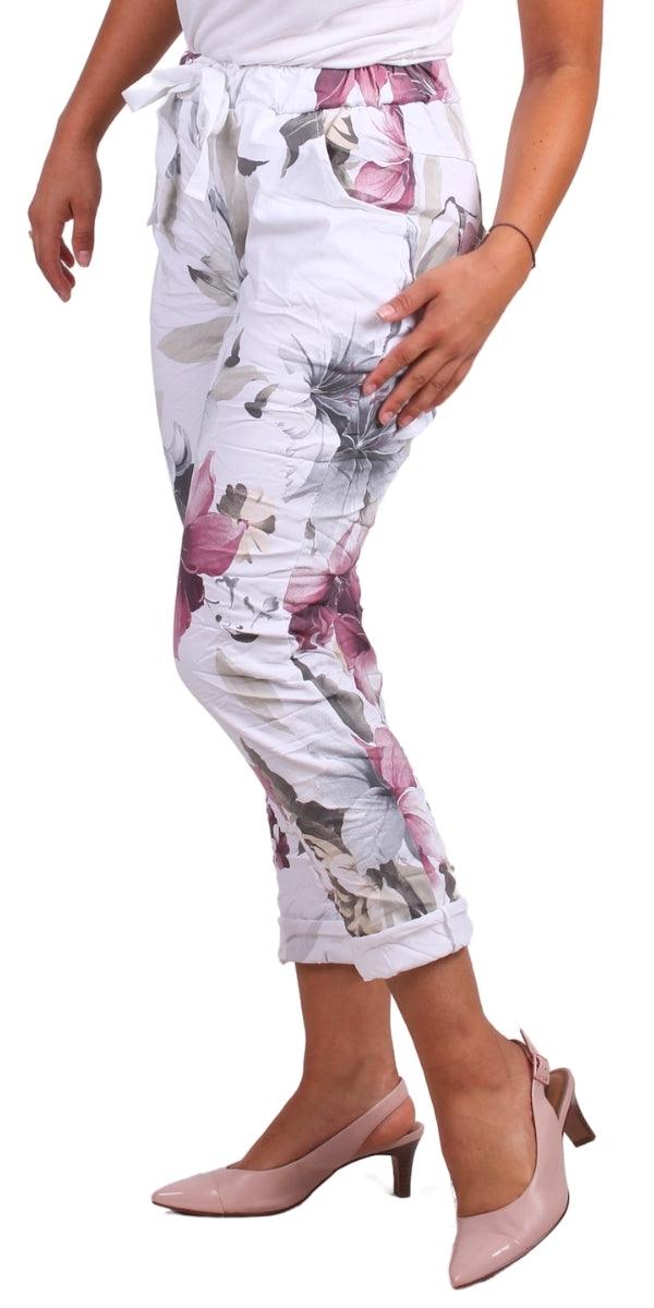 Orchidea Tie-Waist Pants - Gigi Moda - Made in Italy # COMFY PANTS, Cropped pants, floral, floral design, floral pattern, Floral Print, gigi moda, Italian pant, Made in Italy, Multi Floral Print, Pants, Pockets, Tie waist
