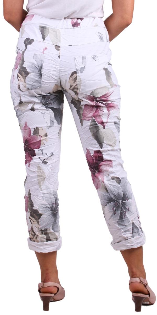 Orchidea Tie-Waist Pants - Gigi Moda - Made in Italy # COMFY PANTS, Cropped pants, floral, floral design, floral pattern, Floral Print, gigi moda, Italian pant, Made in Italy, Multi Floral Print, Pants, Pockets, Tie waist