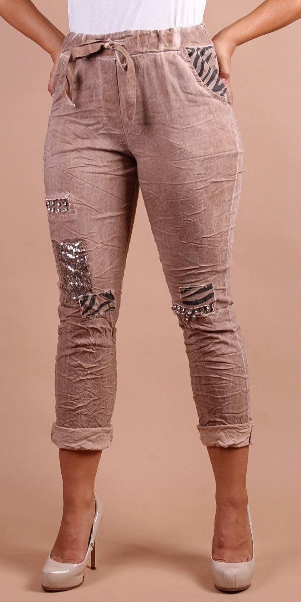Il Festino Pants - Gigi Moda - Made in Italy # animal print, cropped pant, Cropped pants, drawstring pant, drawstring pants, free shipping, Gigi Moda, Made in Italy, one size, OS, Pants, patches, rhinestone, Sequins, Tie waist, washable