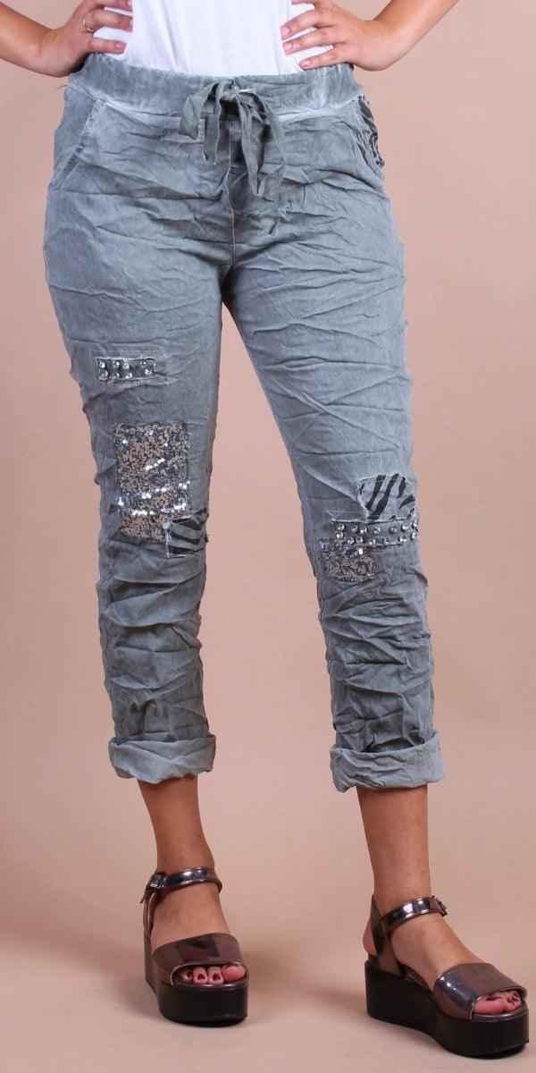 Il Festino Pants - Gigi Moda - Made in Italy # animal print, cropped pant, Cropped pants, drawstring pant, drawstring pants, free shipping, Gigi Moda, Made in Italy, one size, OS, Pants, patches, rhinestone, Sequins, Tie waist, washable