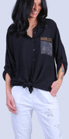 Liza Studded Shirt - Gigi Moda - Made in Italy # button down, collared, front pocket, front tie, Gigi Moda, italian apparel, italian brand, Italian Clothing, italian shirt, Made in Italy, metal studs, online shopping, OS, Rolled Sleeves, shirt, shop gigi moda, Silver Stud, studded, studded pockets, studs, Top