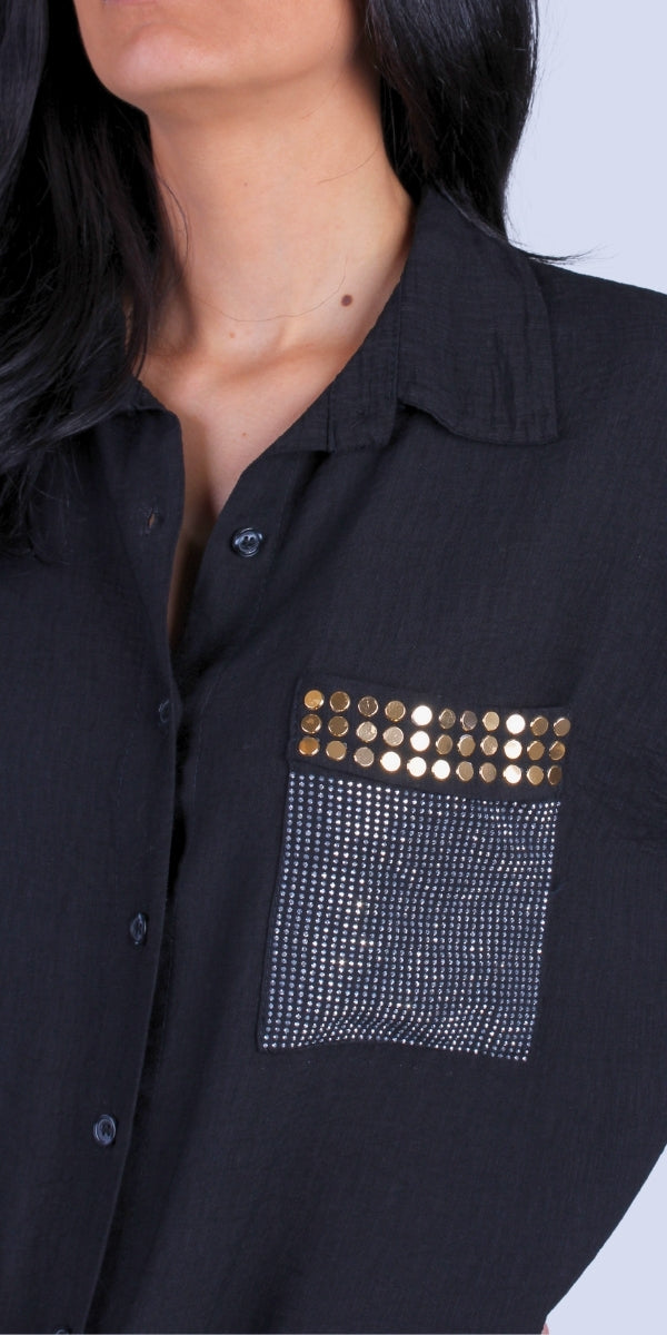 Liza Studded Shirt - Gigi Moda - Made in Italy # button down, collared, front pocket, front tie, Gigi Moda, italian apparel, italian brand, Italian Clothing, italian shirt, Made in Italy, metal studs, online shopping, OS, Rolled Sleeves, shirt, shop gigi moda, Silver Stud, studded, studded pockets, studs, Top