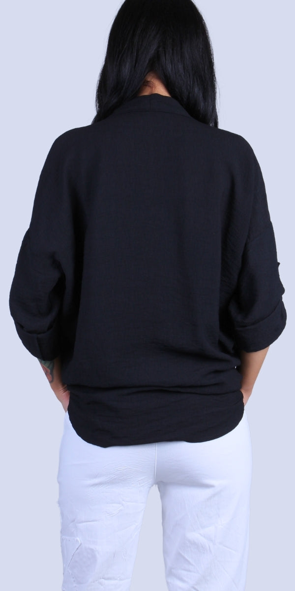 Liza Studded Shirt - Gigi Moda - Made in Italy # button down, collared, front pocket, front tie, Gigi Moda, italian apparel, italian brand, Italian Clothing, italian shirt, Made in Italy, metal studs, online shopping, OS, Rolled Sleeves, shirt, shop gigi moda, Silver Stud, studded, studded pockets, studs, Top