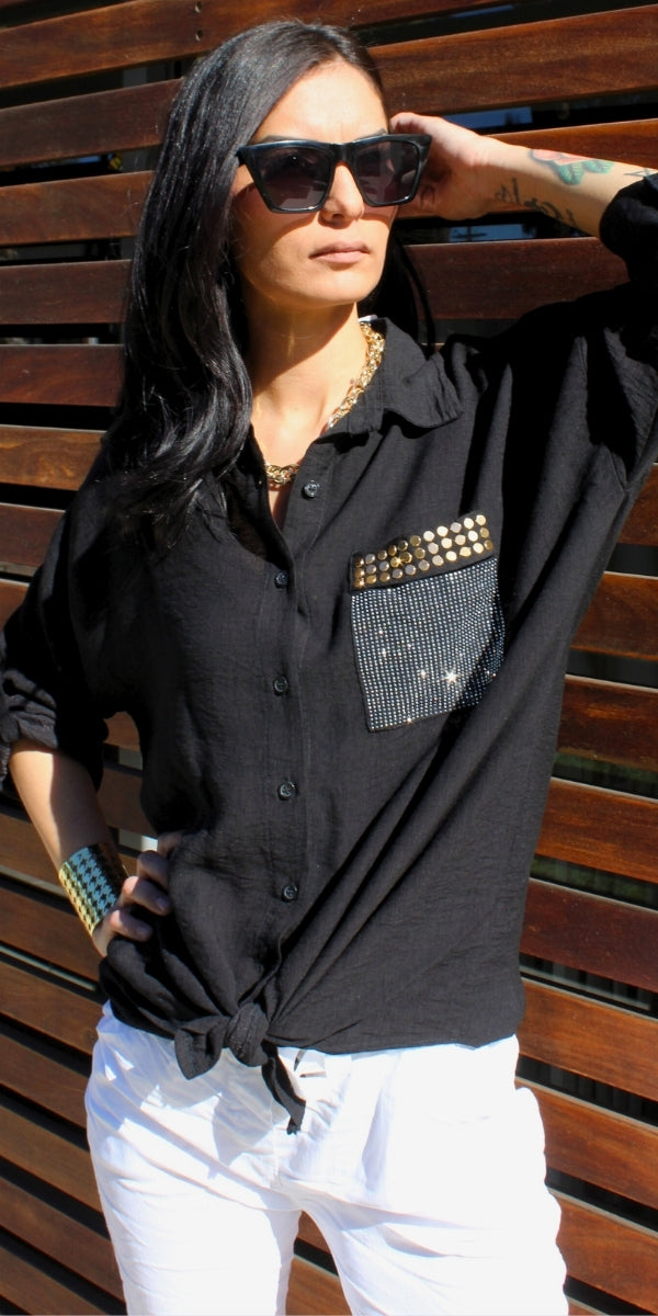 Liza Studded Shirt - Gigi Moda - Made in Italy # button down, collared, front pocket, front tie, Gigi Moda, italian apparel, italian brand, Italian Clothing, italian shirt, Made in Italy, metal studs, online shopping, OS, Rolled Sleeves, shirt, shop gigi moda, Silver Stud, studded, studded pockets, studs, Top