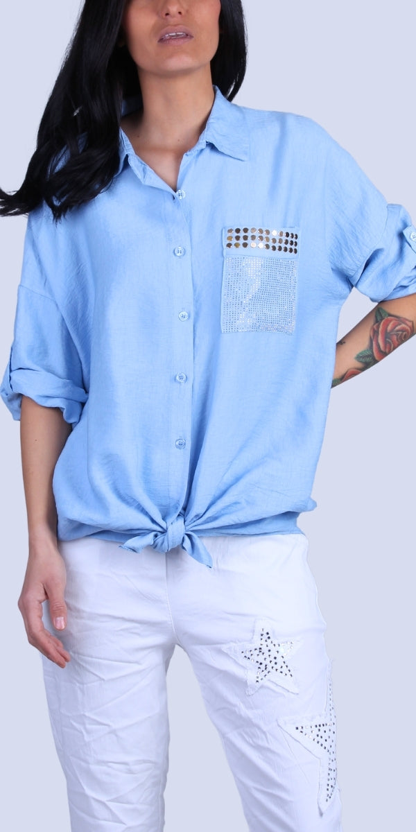 Liza Studded Shirt - Gigi Moda - Made in Italy # button down, collared, front pocket, front tie, Gigi Moda, italian apparel, italian brand, Italian Clothing, italian shirt, Made in Italy, metal studs, online shopping, OS, Rolled Sleeves, shirt, shop gigi moda, Silver Stud, studded, studded pockets, studs, Top