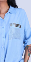 Liza Studded Shirt - Gigi Moda - Made in Italy # button down, collared, front pocket, front tie, Gigi Moda, italian apparel, italian brand, Italian Clothing, italian shirt, Made in Italy, metal studs, online shopping, OS, Rolled Sleeves, shirt, shop gigi moda, Silver Stud, studded, studded pockets, studs, Top