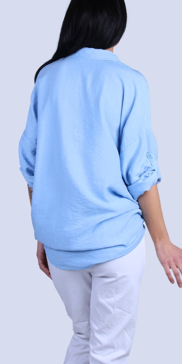 Liza Studded Shirt - Gigi Moda - Made in Italy # button down, collared, front pocket, front tie, Gigi Moda, italian apparel, italian brand, Italian Clothing, italian shirt, Made in Italy, metal studs, online shopping, OS, Rolled Sleeves, shirt, shop gigi moda, Silver Stud, studded, studded pockets, studs, Top