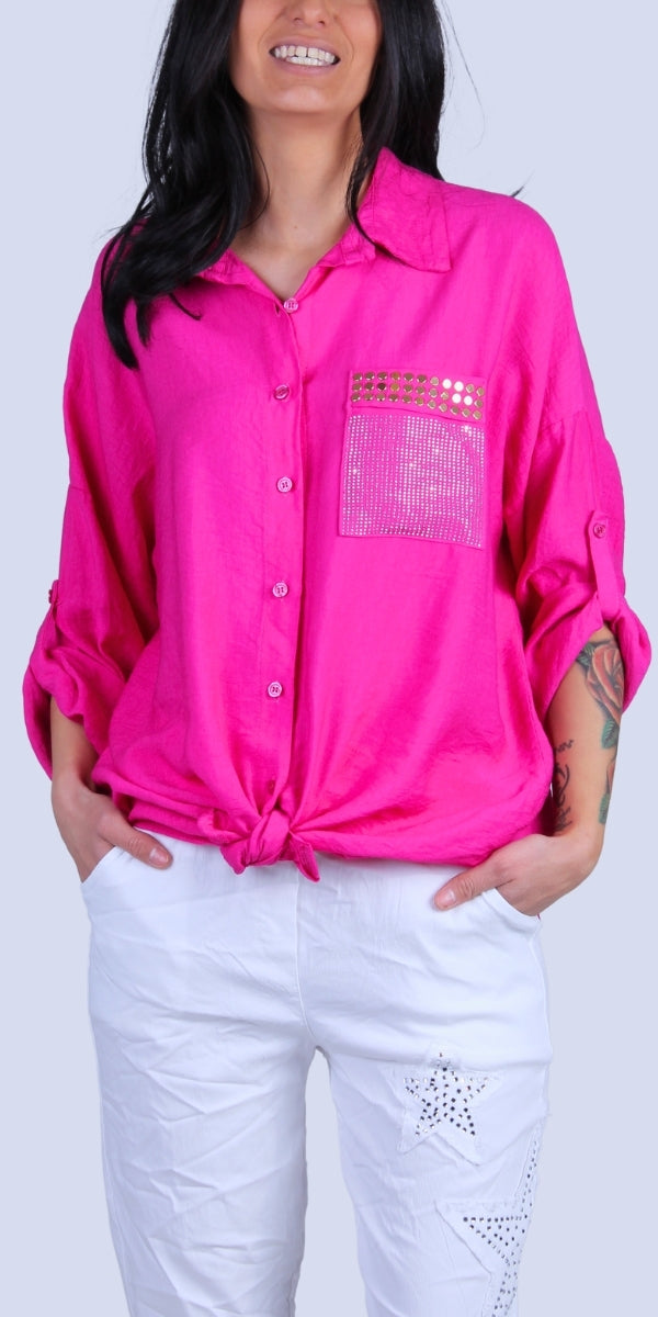 Liza Studded Shirt - Gigi Moda - Made in Italy # button down, collared, front pocket, front tie, Gigi Moda, italian apparel, italian brand, Italian Clothing, italian shirt, Made in Italy, metal studs, online shopping, OS, Rolled Sleeves, shirt, shop gigi moda, Silver Stud, studded, studded pockets, studs, Top