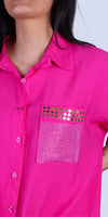 Liza Studded Shirt - Gigi Moda - Made in Italy # button down, collared, front pocket, front tie, Gigi Moda, italian apparel, italian brand, Italian Clothing, italian shirt, Made in Italy, metal studs, online shopping, OS, Rolled Sleeves, shirt, shop gigi moda, Silver Stud, studded, studded pockets, studs, Top