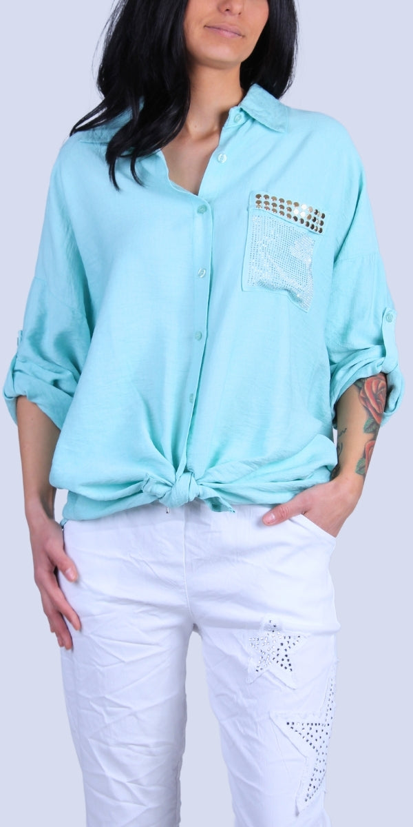 Liza Studded Shirt - Gigi Moda - Made in Italy # button down, collared, front pocket, front tie, Gigi Moda, italian apparel, italian brand, Italian Clothing, italian shirt, Made in Italy, metal studs, online shopping, OS, Rolled Sleeves, shirt, shop gigi moda, Silver Stud, studded, studded pockets, studs, Top