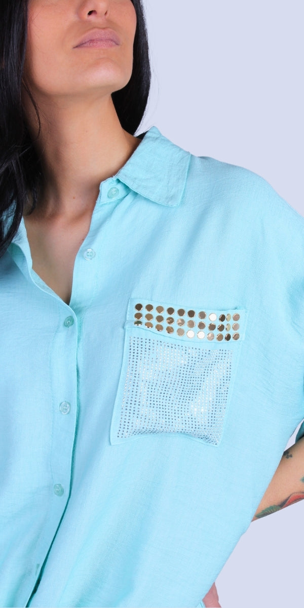 Liza Studded Shirt - Gigi Moda - Made in Italy # button down, collared, front pocket, front tie, Gigi Moda, italian apparel, italian brand, Italian Clothing, italian shirt, Made in Italy, metal studs, online shopping, OS, Rolled Sleeves, shirt, shop gigi moda, Silver Stud, studded, studded pockets, studs, Top