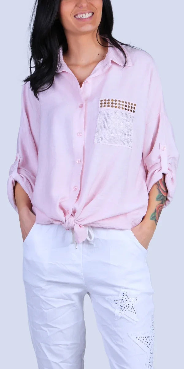 Liza Studded Shirt - Gigi Moda - Made in Italy # button down, collared, front pocket, front tie, Gigi Moda, italian apparel, italian brand, Italian Clothing, italian shirt, Made in Italy, metal studs, online shopping, OS, Rolled Sleeves, shirt, shop gigi moda, Silver Stud, studded, studded pockets, studs, Top