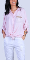 Liza Studded Shirt - Gigi Moda - Made in Italy # button down, collared, front pocket, front tie, Gigi Moda, italian apparel, italian brand, Italian Clothing, italian shirt, Made in Italy, metal studs, online shopping, OS, Rolled Sleeves, shirt, shop gigi moda, Silver Stud, studded, studded pockets, studs, Top