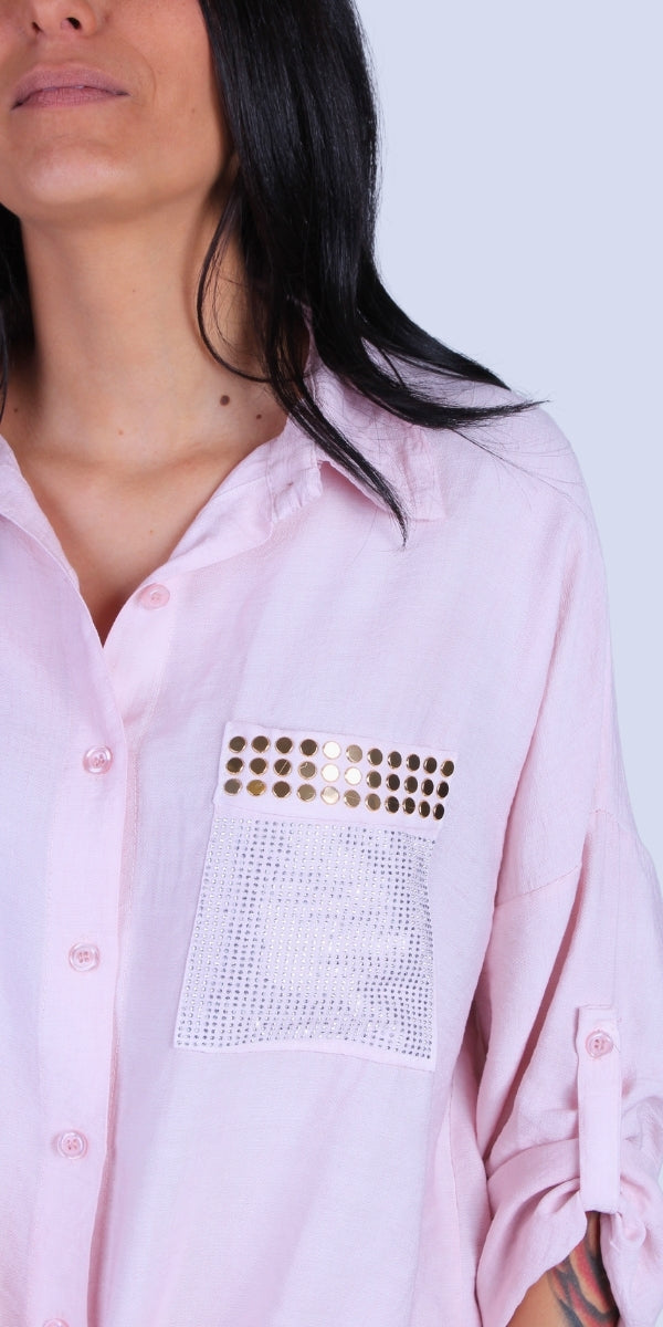 Liza Studded Shirt - Gigi Moda - Made in Italy # button down, collared, front pocket, front tie, Gigi Moda, italian apparel, italian brand, Italian Clothing, italian shirt, Made in Italy, metal studs, online shopping, OS, Rolled Sleeves, shirt, shop gigi moda, Silver Stud, studded, studded pockets, studs, Top