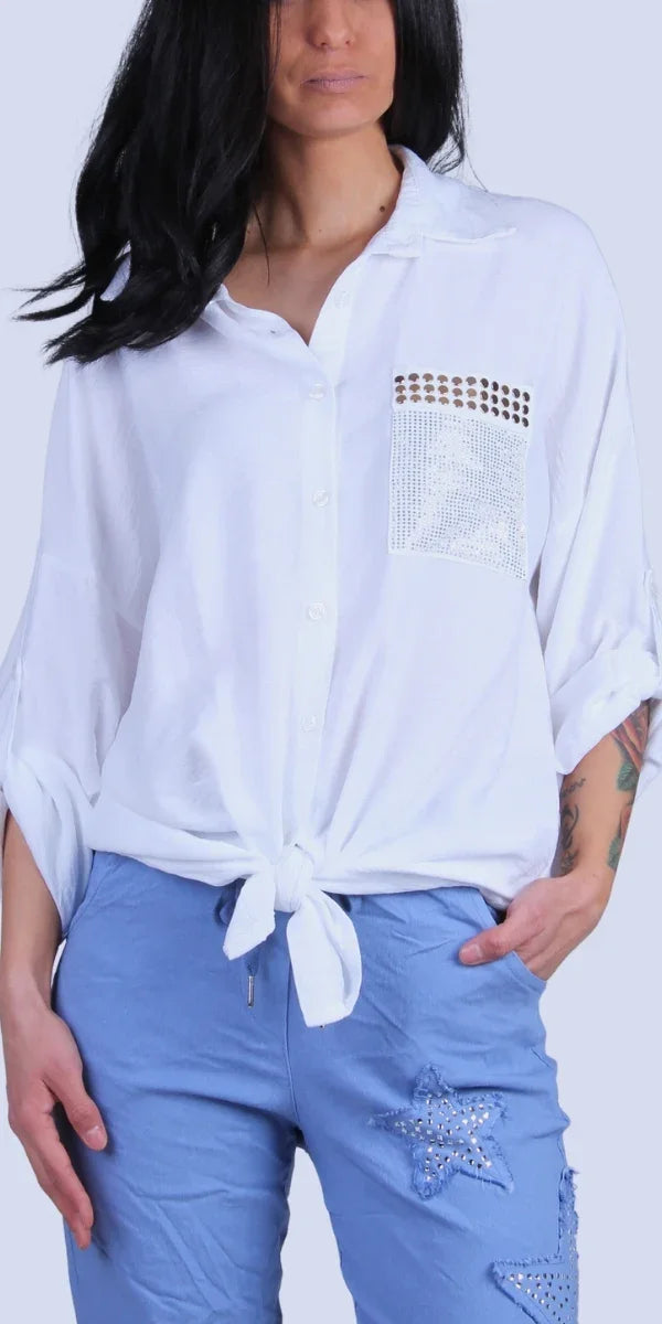 Liza Studded Shirt - Gigi Moda - Made in Italy # button down, collared, front pocket, front tie, Gigi Moda, italian apparel, italian brand, Italian Clothing, italian shirt, Made in Italy, metal studs, online shopping, OS, Rolled Sleeves, shirt, shop gigi moda, Silver Stud, studded, studded pockets, studs, Top