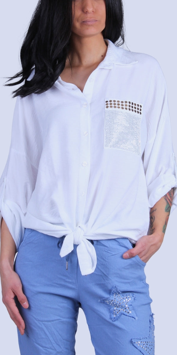 Liza Studded Shirt - Gigi Moda - Made in Italy # button down, collared, front pocket, front tie, Gigi Moda, italian apparel, italian brand, Italian Clothing, italian shirt, Made in Italy, metal studs, online shopping, OS, Rolled Sleeves, shirt, shop gigi moda, Silver Stud, studded, studded pockets, studs, Top