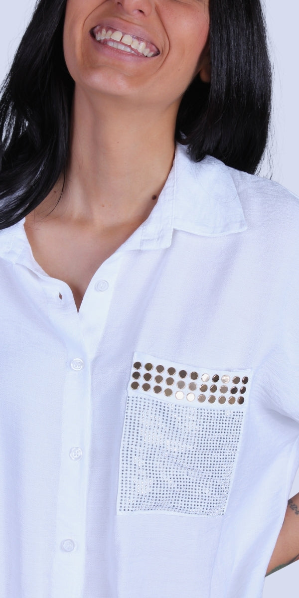 Liza Studded Shirt - Gigi Moda - Made in Italy # button down, collared, front pocket, front tie, Gigi Moda, italian apparel, italian brand, Italian Clothing, italian shirt, Made in Italy, metal studs, online shopping, OS, Rolled Sleeves, shirt, shop gigi moda, Silver Stud, studded, studded pockets, studs, Top