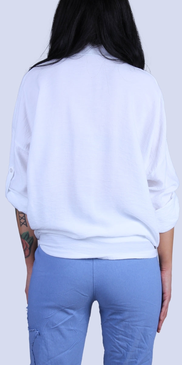 Liza Studded Shirt - Gigi Moda - Made in Italy # button down, collared, front pocket, front tie, Gigi Moda, italian apparel, italian brand, Italian Clothing, italian shirt, Made in Italy, metal studs, online shopping, OS, Rolled Sleeves, shirt, shop gigi moda, Silver Stud, studded, studded pockets, studs, Top