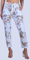 Casale Floral Pants - Gigi Moda - Made in Italy # cropped pant, Cropped pants, elastic waist, elastic waistband, floral, floral design, floral pattern, Floral Print, Gigi Moda, Made in Italy, one size, OS, Pants, Pockets, shabby chic, Tie waist