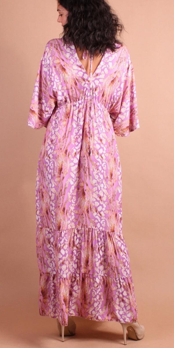 Animal Print Maxi Dress - Gigi Moda - Made in Italy # animal print, Dress, gigi moda, leopard, Leopard Print, long dress, Made in Italy, Maxi, resort wear, ruffled hem, Safari, ties in back, v neck