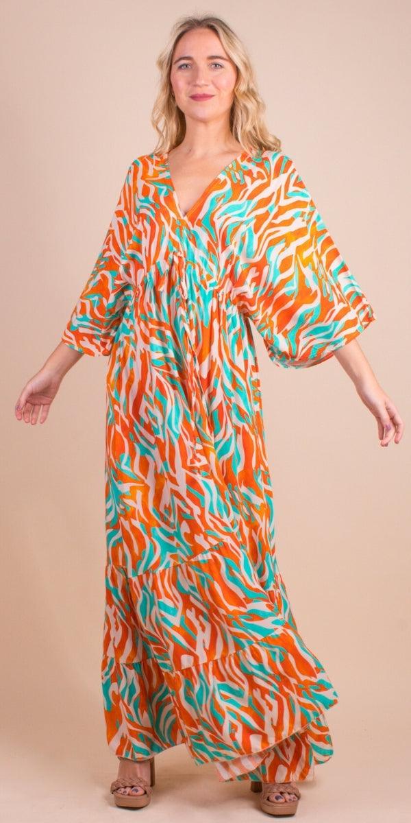 Fiamma Maxi Dress - Gigi Moda - Made in Italy # Dress, flame, gigi moda, long dress, Made in Italy, Maxi, resort wear, ruffled hem, Safari, ties in back, v neck