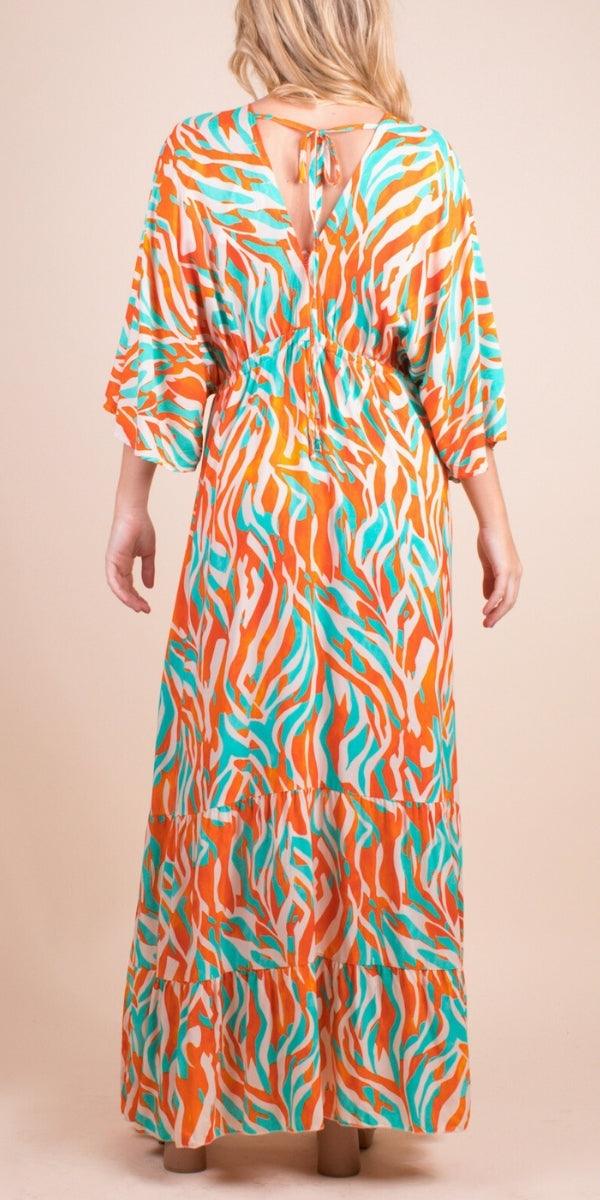 Fiamma Maxi Dress - Gigi Moda - Made in Italy # Dress, flame, gigi moda, long dress, Made in Italy, Maxi, resort wear, ruffled hem, Safari, ties in back, v neck