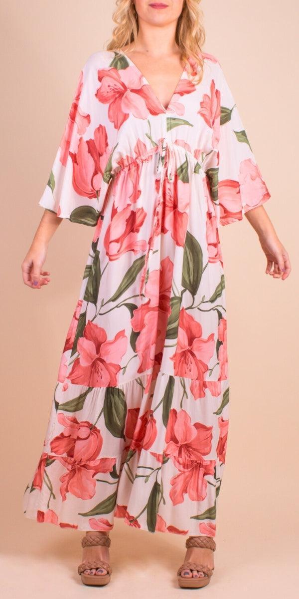 Lily Maxi Dress - Gigi Moda - Made in Italy # Dress, floral, floral design, Floral Print, gigi moda, lily, long dress, Made in Italy, Maxi, resort wear, ruffled hem, Safari, ties in back, v neck