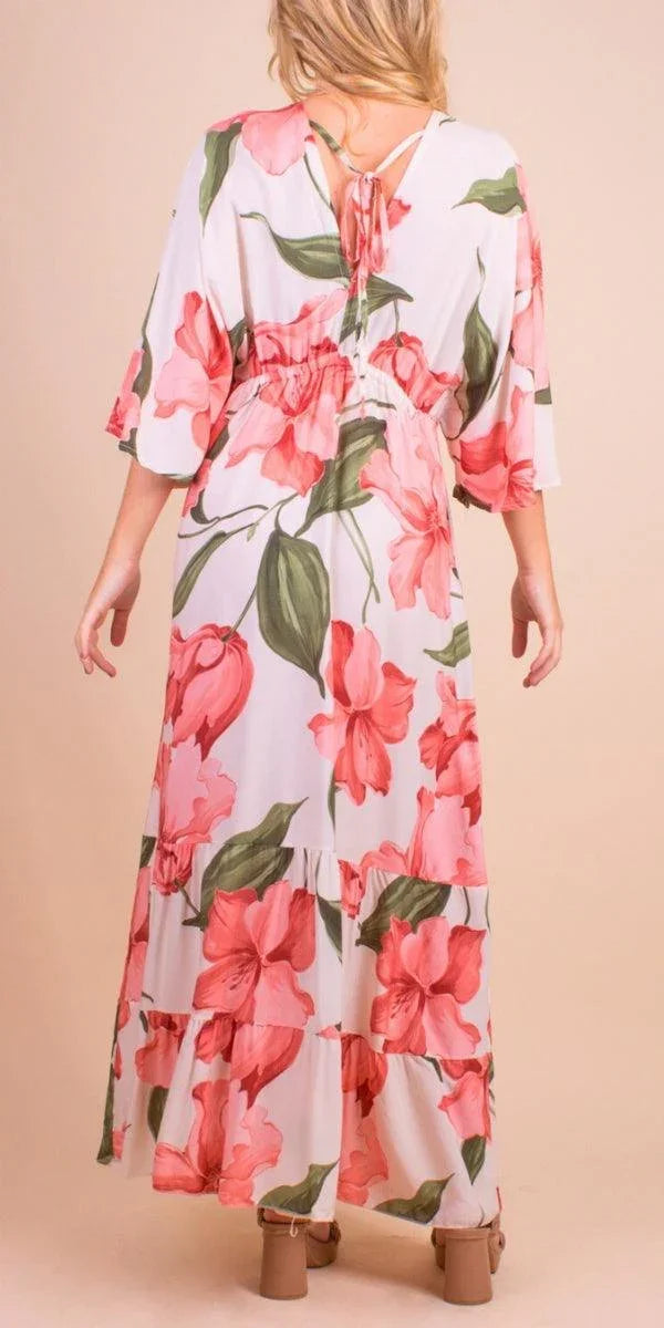 Lily Maxi Dress - Gigi Moda - Made in Italy # Dress, floral, floral design, Floral Print, gigi moda, lily, long dress, Made in Italy, Maxi, resort wear, ruffled hem, Safari, ties in back, v neck