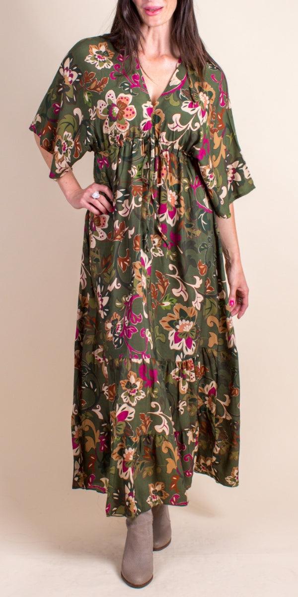 Faviola Maxi Dress - Gigi Moda - Made in Italy # Dress, floral design, floral pattern, Floral Print, gigi moda, long dress, Made in Italy, Maxi, maxretail, paisley, paisley print, resort wear, ruffled hem, ties in back, v neck