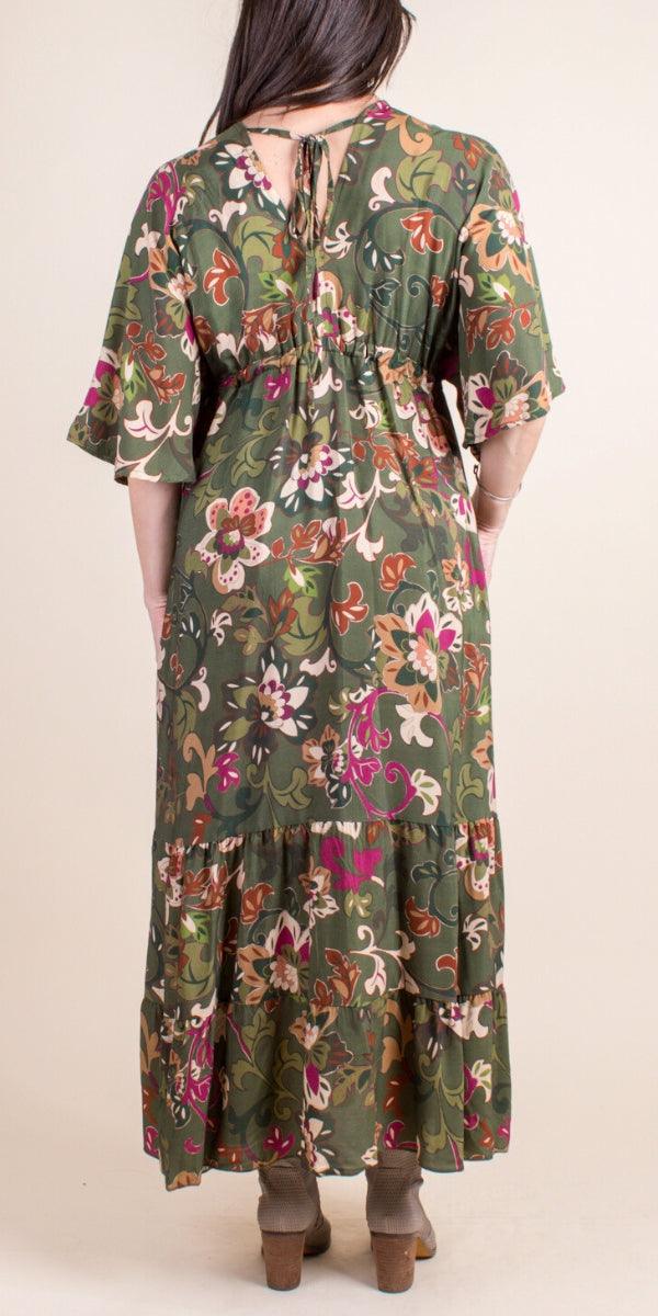 Faviola Maxi Dress - Gigi Moda - Made in Italy # Dress, floral design, floral pattern, Floral Print, gigi moda, long dress, Made in Italy, Maxi, maxretail, paisley, paisley print, resort wear, ruffled hem, ties in back, v neck