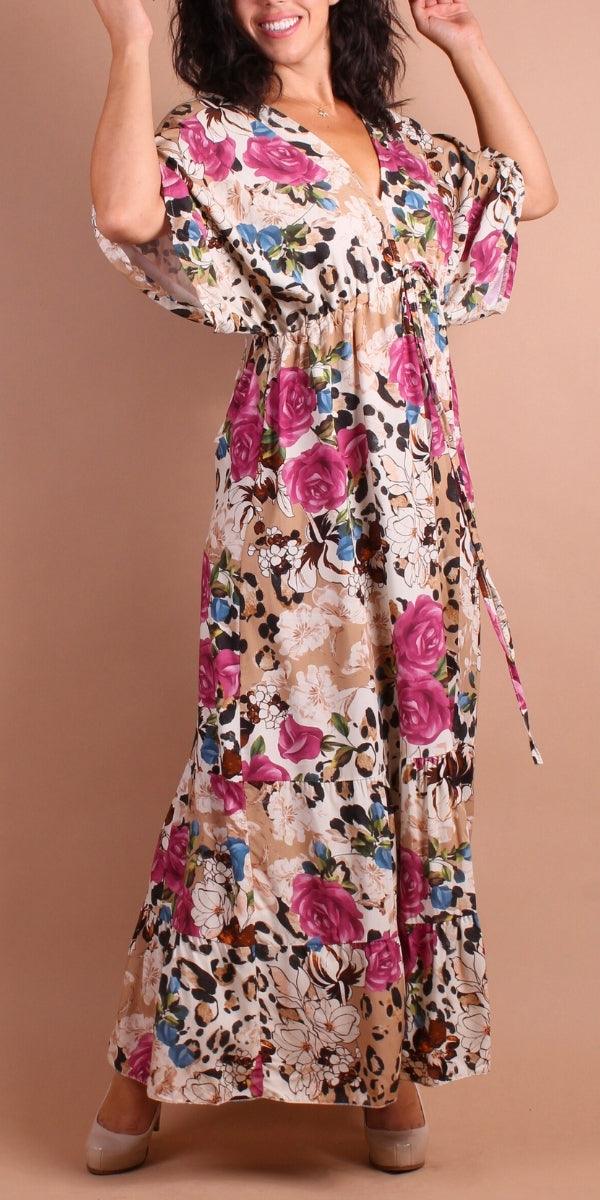 Leopard Rose Maxi Dress - Gigi Moda - Made in Italy # animal print, Dress, floral, floral design, Floral Print, gigi moda, leopard, Leopard Print, long dress, Made in Italy, Maxi, maxretail, resort wear, rose print, ruffled hem, Safari, ties in back, v neck