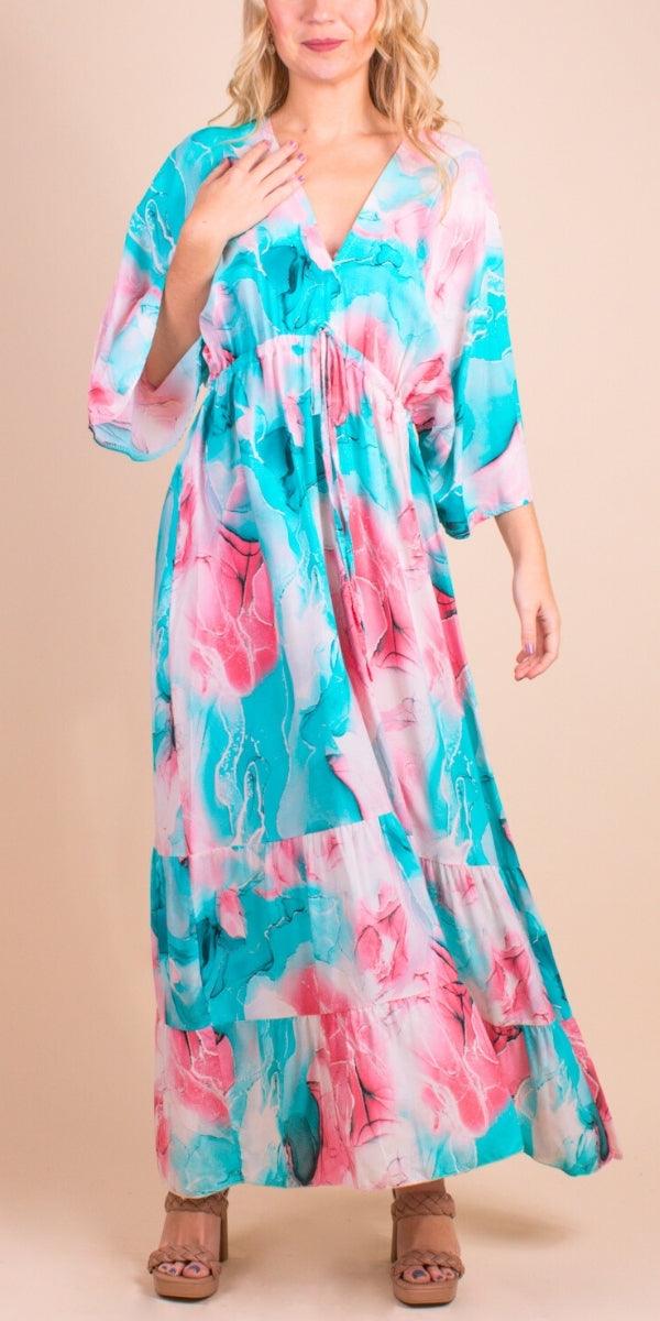Primavera Maxi Dress - Gigi Moda - Made in Italy # Dress, gigi moda, long dress, Made in Italy, Maxi, resort wear, ruffled hem, ties in back, v neck, watercolor, Watercolor Print