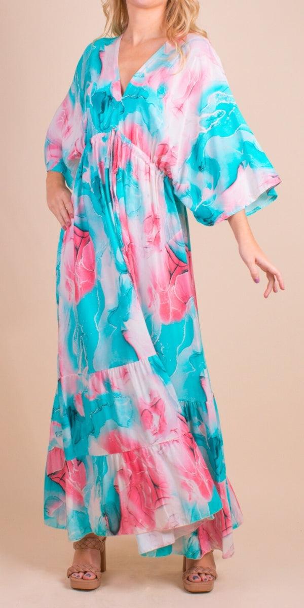 Primavera Maxi Dress - Gigi Moda - Made in Italy # Dress, gigi moda, long dress, Made in Italy, Maxi, resort wear, ruffled hem, ties in back, v neck, watercolor, Watercolor Print