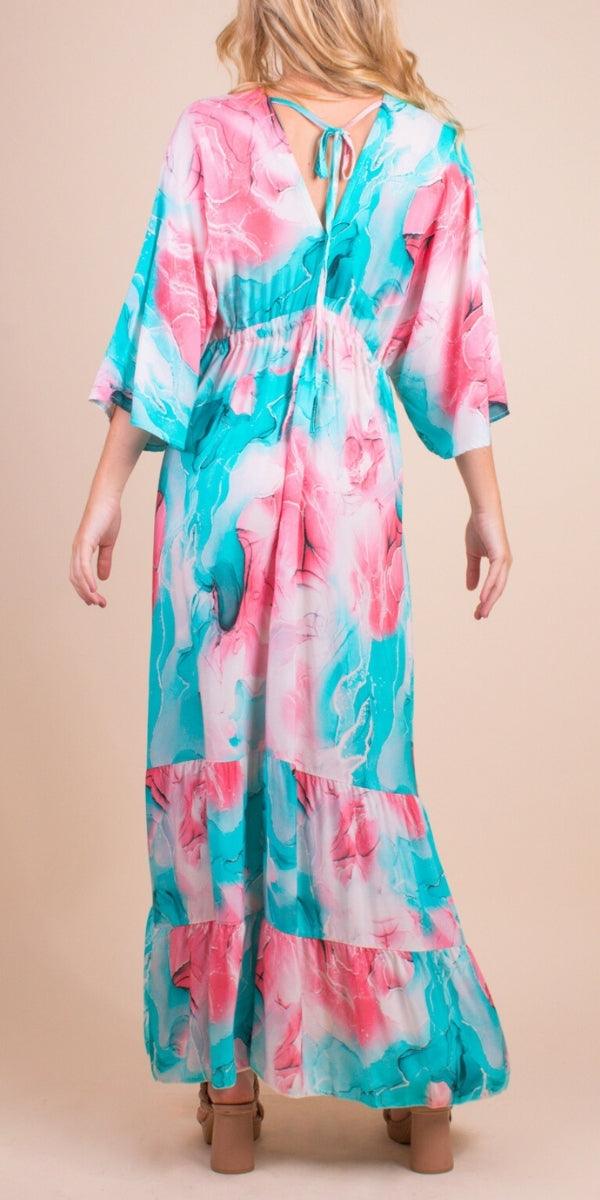 Primavera Maxi Dress - Gigi Moda - Made in Italy # Dress, gigi moda, long dress, Made in Italy, Maxi, resort wear, ruffled hem, ties in back, v neck, watercolor, Watercolor Print