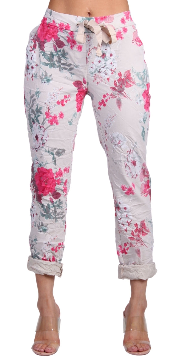 Meadow Tie-Waist Pants - Gigi Moda - Made in Italy # cropped pant, Cropped pants, elastic waist, elastic waistband, floral, floral design, floral pattern, Floral Print, Gigi Moda, Made in Italy, one size, OS, Pants, Pockets, Tie waist