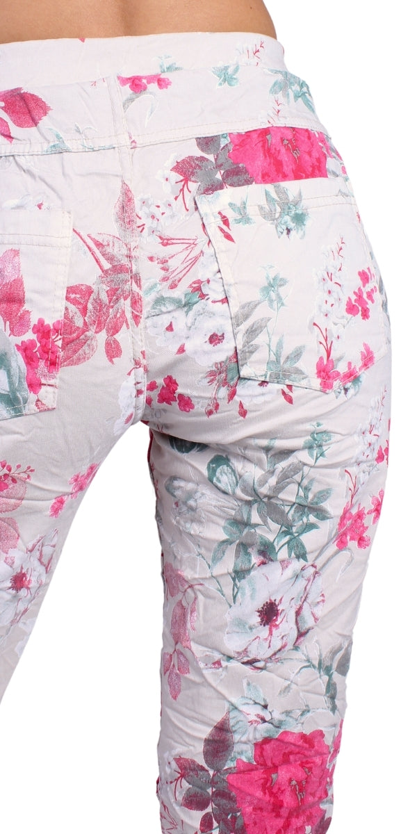Meadow Tie-Waist Pants - Gigi Moda - Made in Italy # cropped pant, Cropped pants, elastic waist, elastic waistband, floral, floral design, floral pattern, Floral Print, Gigi Moda, Made in Italy, one size, OS, Pants, Pockets, Tie waist