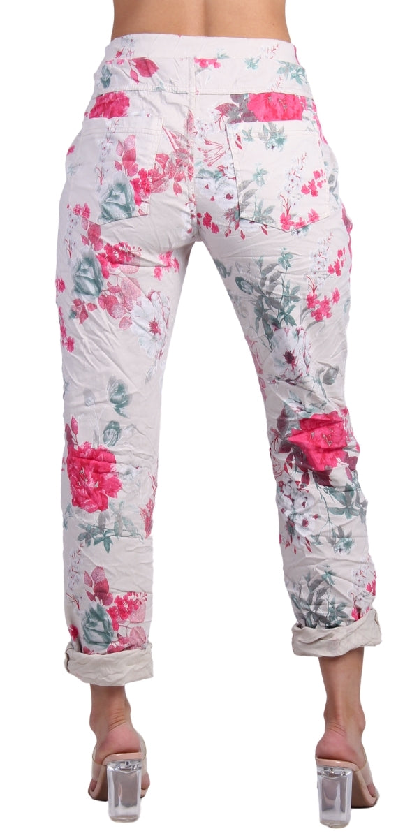 Meadow Tie-Waist Pants - Gigi Moda - Made in Italy # cropped pant, Cropped pants, elastic waist, elastic waistband, floral, floral design, floral pattern, Floral Print, Gigi Moda, Made in Italy, one size, OS, Pants, Pockets, Tie waist