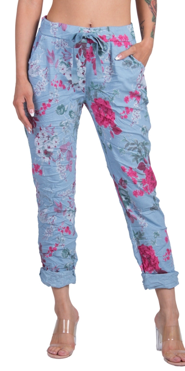 Meadow Tie-Waist Pants - Gigi Moda - Made in Italy # cropped pant, Cropped pants, elastic waist, elastic waistband, floral, floral design, floral pattern, Floral Print, Gigi Moda, Made in Italy, one size, OS, Pants, Pockets, Tie waist