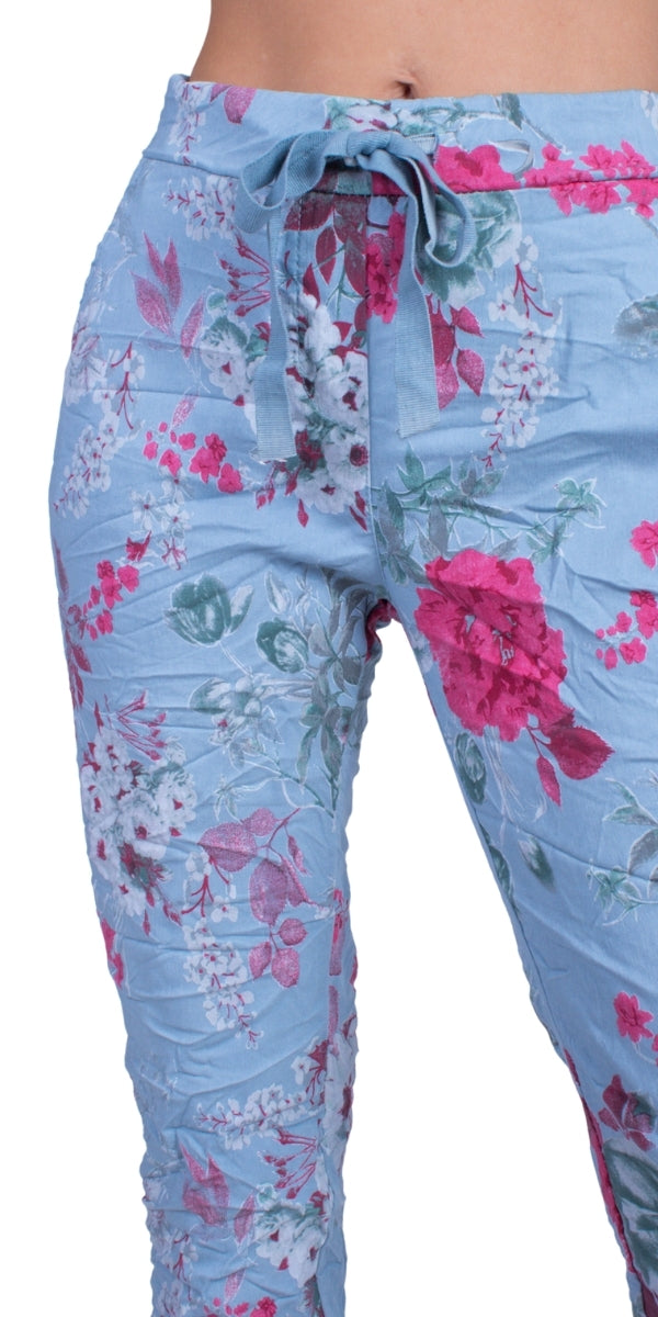 Meadow Tie-Waist Pants - Gigi Moda - Made in Italy # cropped pant, Cropped pants, elastic waist, elastic waistband, floral, floral design, floral pattern, Floral Print, Gigi Moda, Made in Italy, one size, OS, Pants, Pockets, Tie waist