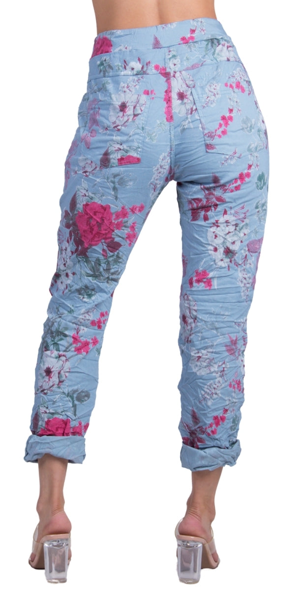 Meadow Tie-Waist Pants - Gigi Moda - Made in Italy # cropped pant, Cropped pants, elastic waist, elastic waistband, floral, floral design, floral pattern, Floral Print, Gigi Moda, Made in Italy, one size, OS, Pants, Pockets, Tie waist