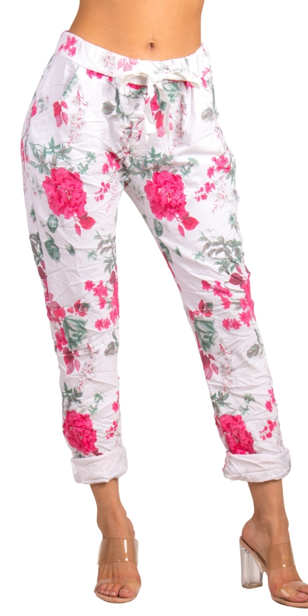 Meadow Tie-Waist Pants - Gigi Moda - Made in Italy # cropped pant, Cropped pants, elastic waist, elastic waistband, floral, floral design, floral pattern, Floral Print, Gigi Moda, Made in Italy, one size, OS, Pants, Pockets, Tie waist