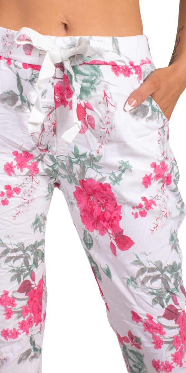 Meadow Tie-Waist Pants - Gigi Moda - Made in Italy # cropped pant, Cropped pants, elastic waist, elastic waistband, floral, floral design, floral pattern, Floral Print, Gigi Moda, Made in Italy, one size, OS, Pants, Pockets, Tie waist
