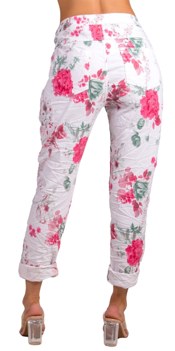 Meadow Tie-Waist Pants - Gigi Moda - Made in Italy # cropped pant, Cropped pants, elastic waist, elastic waistband, floral, floral design, floral pattern, Floral Print, Gigi Moda, Made in Italy, one size, OS, Pants, Pockets, Tie waist