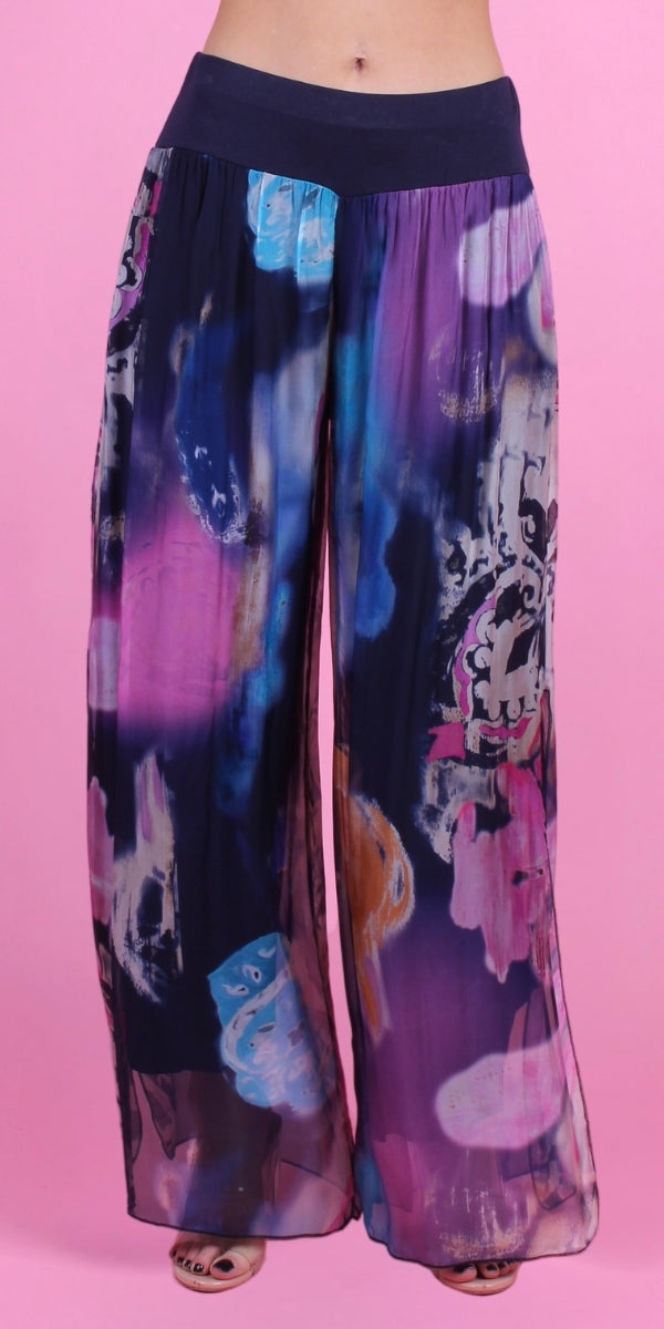 Jasmin Nuvola Slit Pant - Gigi Moda - Made in Italy # Gigi Moda, italian apparel, italian clothes, Italian Clothing, italian silk, Made in Italy, matching set, one size, online shopping, Pants, shop gigi moda, Silk, watercolor, Watercolor Print