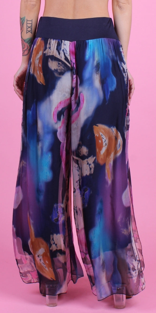 Jasmin Nuvola Slit Pant - Gigi Moda - Made in Italy # Gigi Moda, italian apparel, italian clothes, Italian Clothing, italian silk, Made in Italy, matching set, one size, online shopping, Pants, shop gigi moda, Silk, watercolor, Watercolor Print