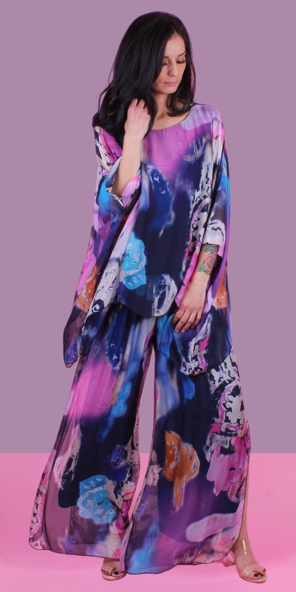 Jasmin Nuvola Slit Pant - Gigi Moda - Made in Italy # Gigi Moda, italian apparel, italian clothes, Italian Clothing, italian silk, Made in Italy, matching set, one size, online shopping, Pants, shop gigi moda, Silk, watercolor, Watercolor Print