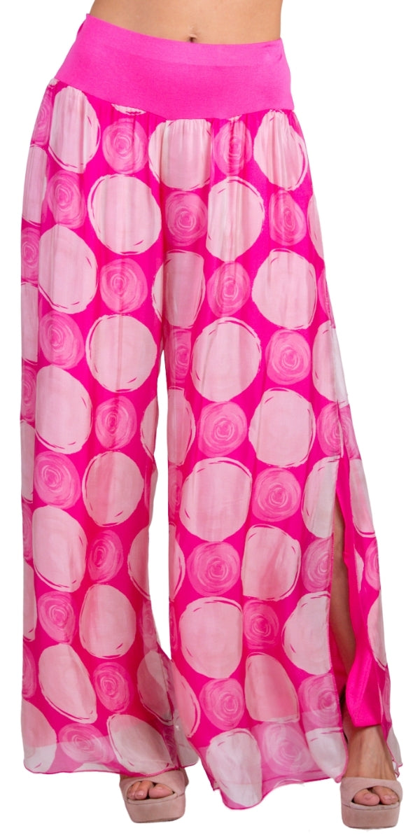 Jasmin Maxipunti Slit Pant - Gigi Moda - Made in Italy # dot print, Gigi Moda, italian apparel, italian clothes, Italian Clothing, italian silk, Made in Italy, matching set, one size, online shopping, Pants, shop gigi moda, Silk, swirl print