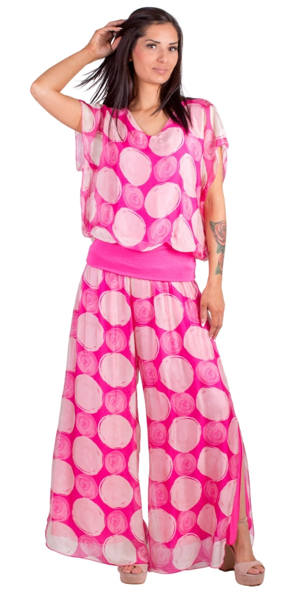 Jasmin Maxipunti Slit Pant - Gigi Moda - Made in Italy # dot print, Gigi Moda, italian apparel, italian clothes, Italian Clothing, italian silk, Made in Italy, matching set, one size, online shopping, Pants, shop gigi moda, Silk, swirl print