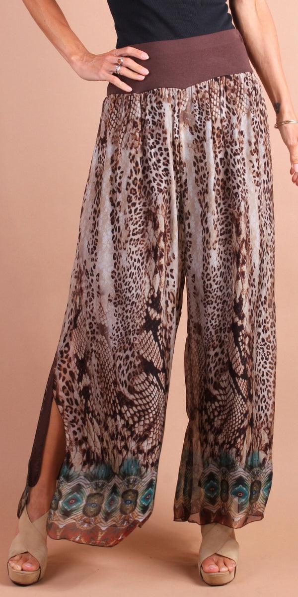 Jasmin Boho Slit Pant - Gigi Moda - Made in Italy # boho, Gigi Moda, italian apparel, italian clothes, Italian Clothing, italian silk, Leopard Print, Made in Italy, matching set, maxretail, one size, online shopping, Pants, shop gigi moda, Silk, Snake print