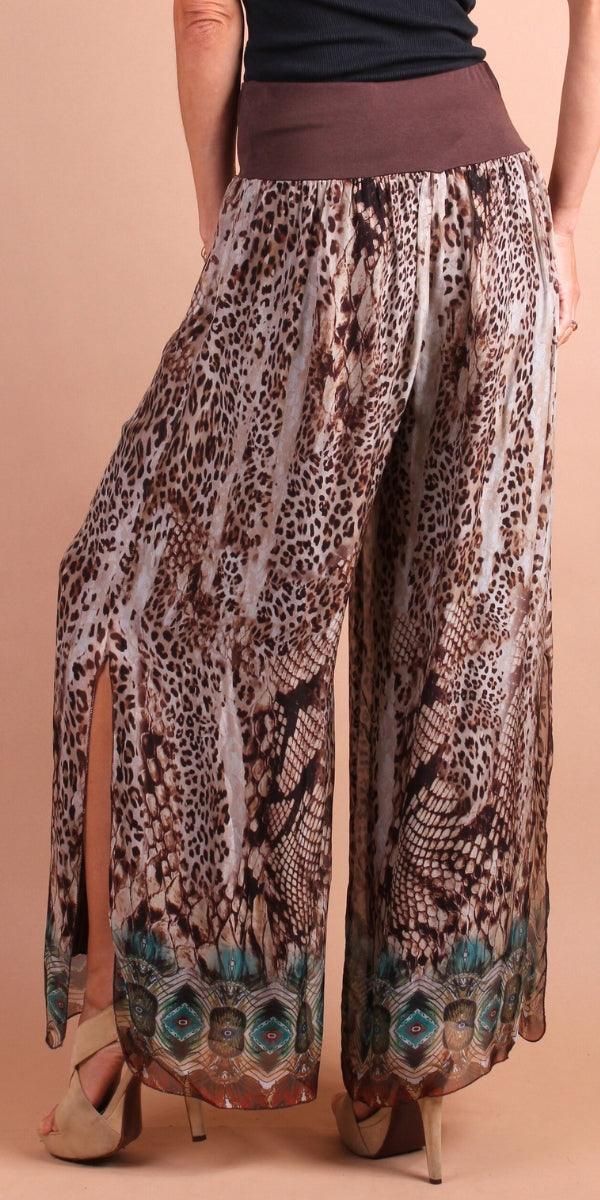 Jasmin Boho Slit Pant - Gigi Moda - Made in Italy # boho, Gigi Moda, italian apparel, italian clothes, Italian Clothing, italian silk, Leopard Print, Made in Italy, matching set, maxretail, one size, online shopping, Pants, shop gigi moda, Silk, Snake print